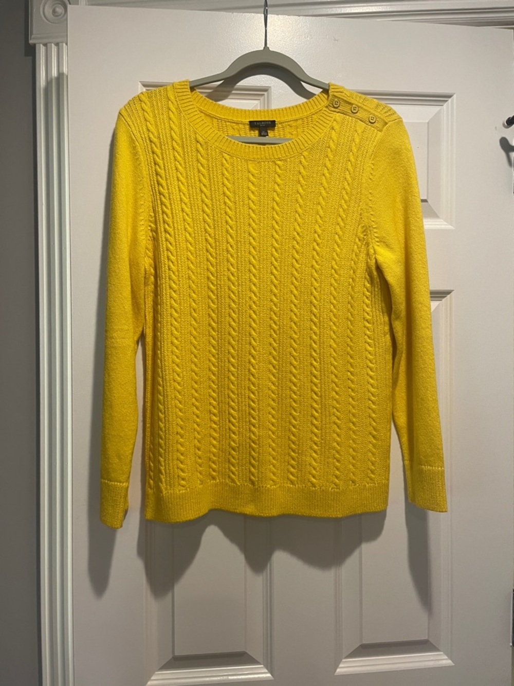 Talbots Bright Yellow Cable-Knit Crewneck Sweater with Shoulder Buttons